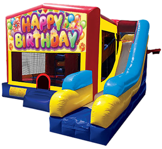 Happy Birthday themed bounce house with slide and obstacles, background removed.