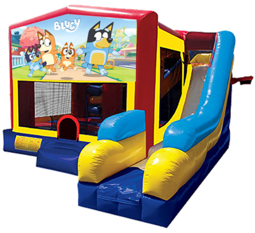 Bluey themed bounce house with slide and obstacles, background removed.