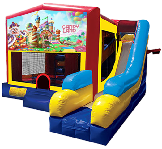 Candy Land themed bounce house with slide and obstacles, background removed.