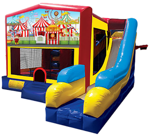 Carnival themed bounce house with slide and obstacles, background removed.