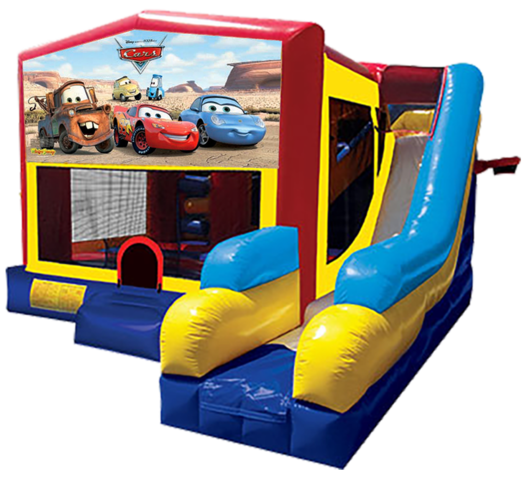 Cars themed bounce house with slide and obstacles, background removed.