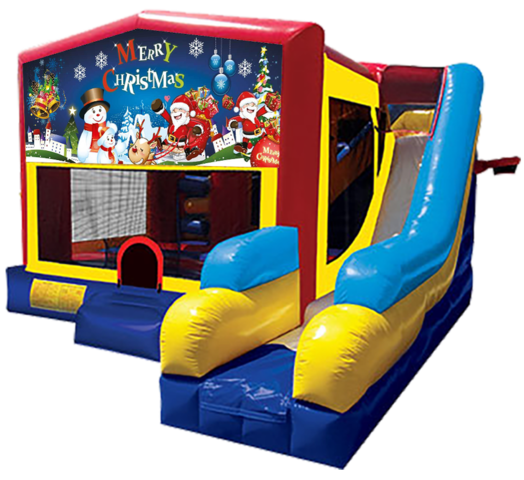 Christmas themed bounce house with slide and obstacles, background removed.
