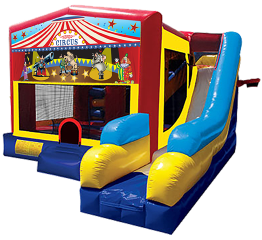 Circus Big Top themed bounce house with slide and obstacles, background removed.