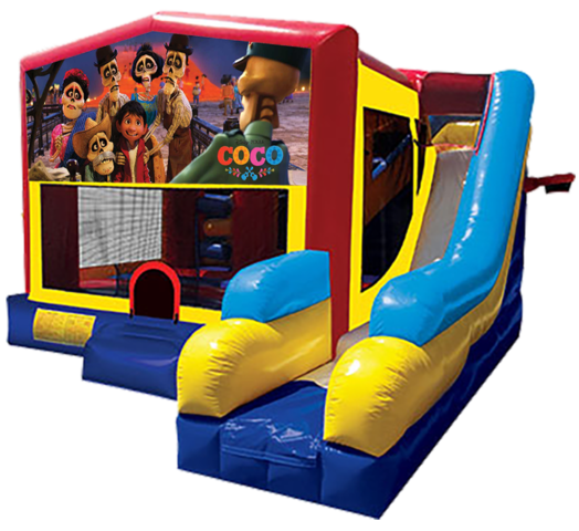 Coco themed bounce house with slide and obstacles, background removed.