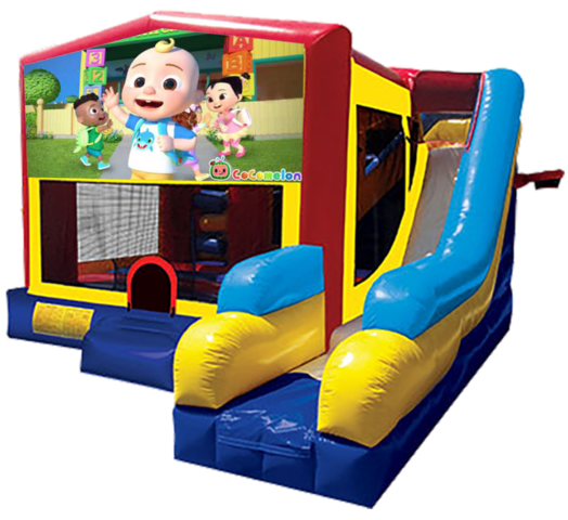 Cocomelon Boy themed bounce house with slide and obstacles, background removed.