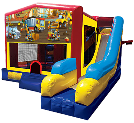 Construction themed bounce house with slide and obstacles, background removed.