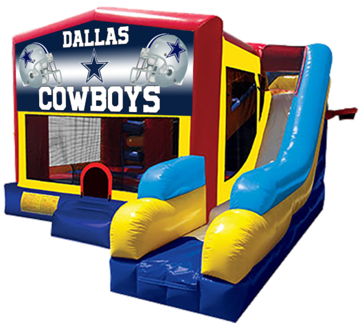 Dallas Cowboys themed bounce house with slide and obstacles, background removed.