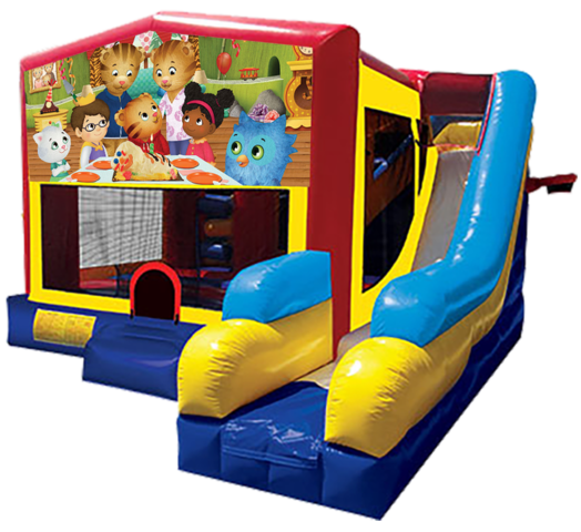 Daniel Tiger themed bounce house with slide and obstacles, background removed.