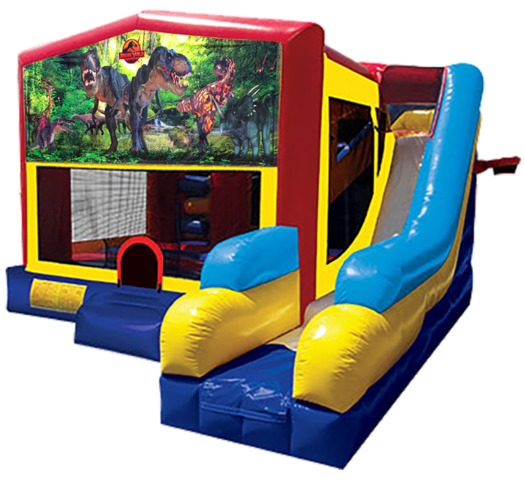 Dinosaur Jurassic World themed bounce house with slide and obstacles, background removed.
