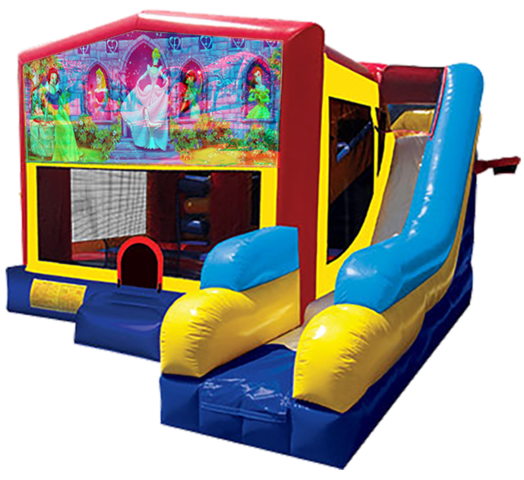Disney Princess themed bounce house with slide and obstacles, background removed.