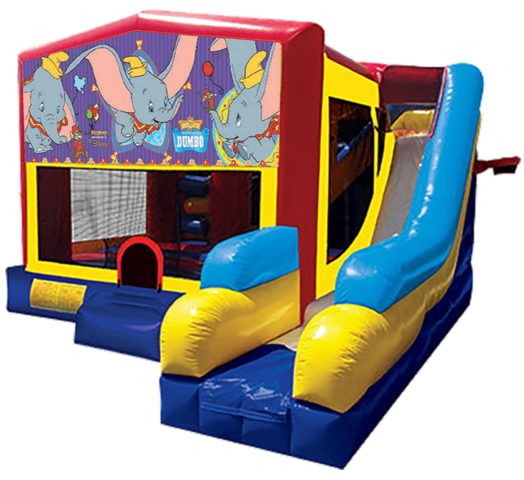 Dumbo themed bounce house with slide and obstacles, background removed.
