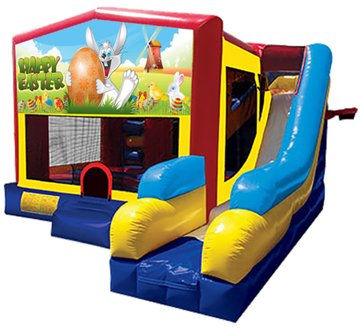 Easter themed bounce house with slide and obstacles, background removed.