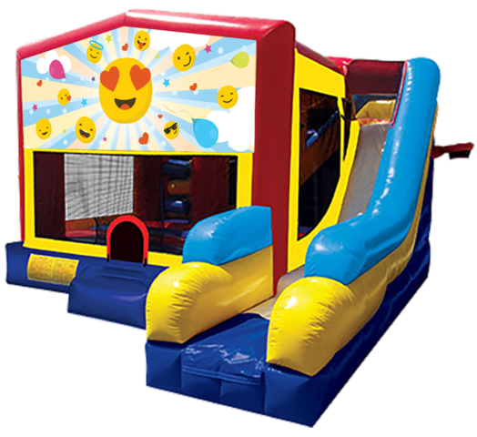 Emoji themed bounce house with slide and obstacles, background removed.