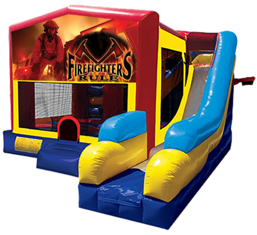 Firefighter themed bounce house with slide and obstacles, background removed.