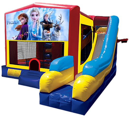 Frozen 2 themed bounce house with slide and obstacles, background removed.