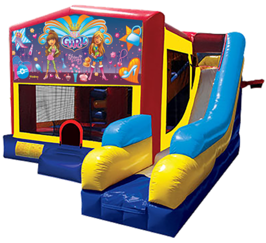 Girl Thing themed bounce house with slide and obstacles, background removed.