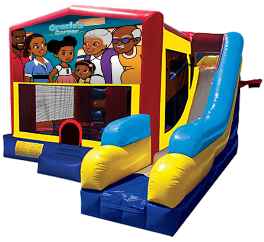 Gracie's Corner themed bounce house with slide and obstacles, background removed.