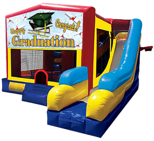 Graduation themed bounce house with slide and obstacles, background removed.