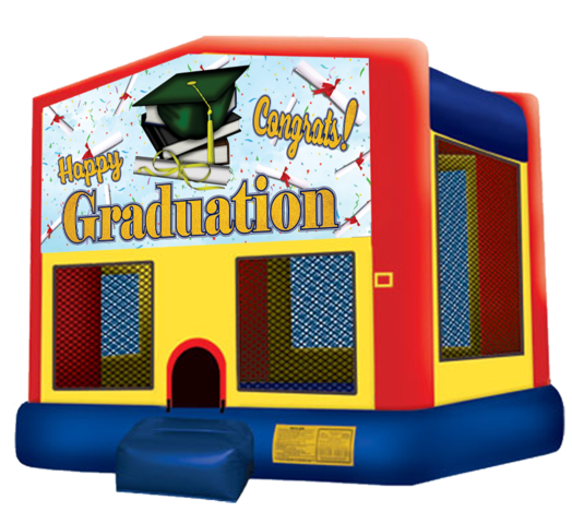 Graduation bounce house rental from Austin Bounce House Rentals with background removed.