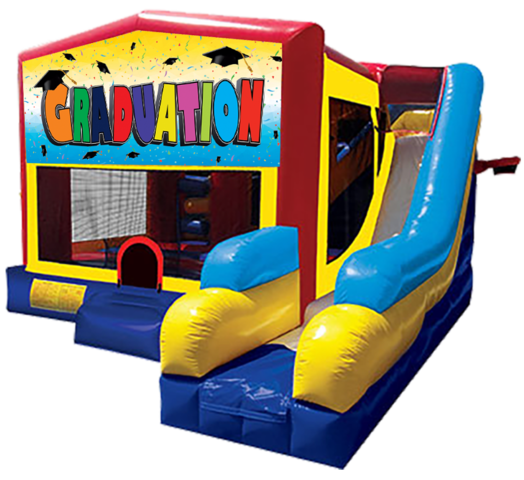 Graduation Kids themed bounce house with slide and obstacles, background removed.
