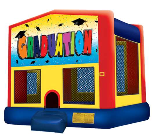 Graduation Kids bounce house rental from Austin Bounce House Rentals with background removed.