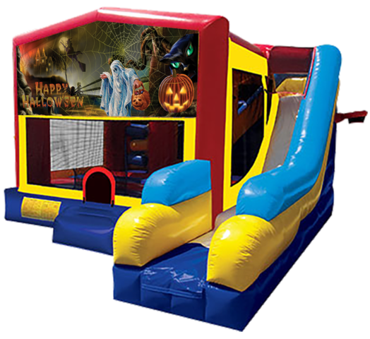 Halloween themed bounce house with slide and obstacles, background removed.