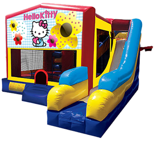 Hello Kitty themed bounce house with slide and obstacles, background removed.