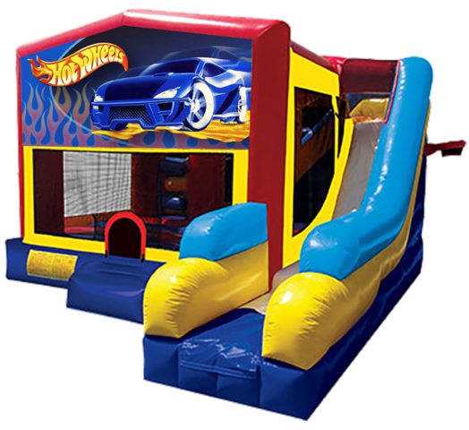 Hot Wheels themed bounce house with slide and obstacles, background removed.