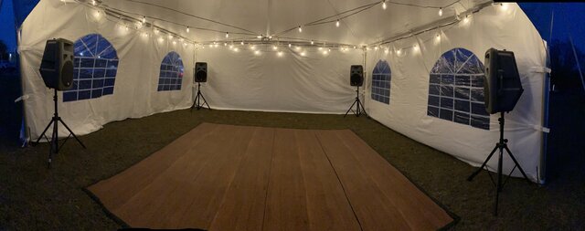 Panoramic view of Dance Hall Package in the evening.