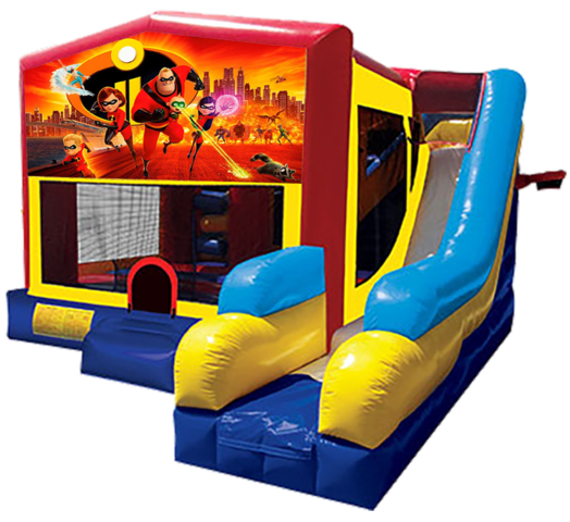 Incredibles 2 themed bounce house with slide and obstacles, background removed.
