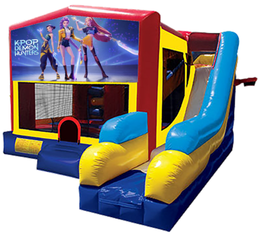 K-Pop Demon Hunters themed bounce house with slide and obstacles, background removed.