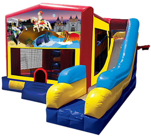 Knights + Dragons themed bounce house with slide and obstacles, background removed.
