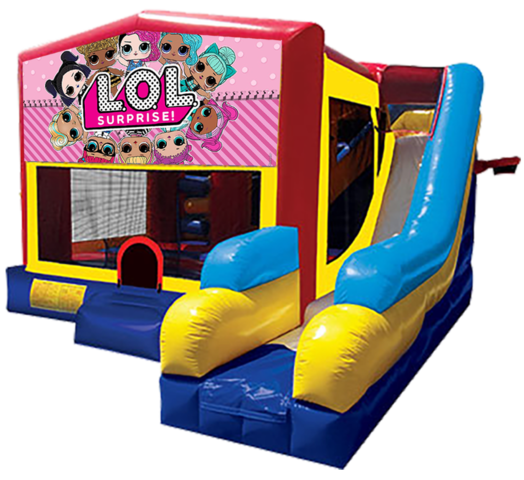 LOL Surprise themed bounce house with slide and obstacles, background removed.