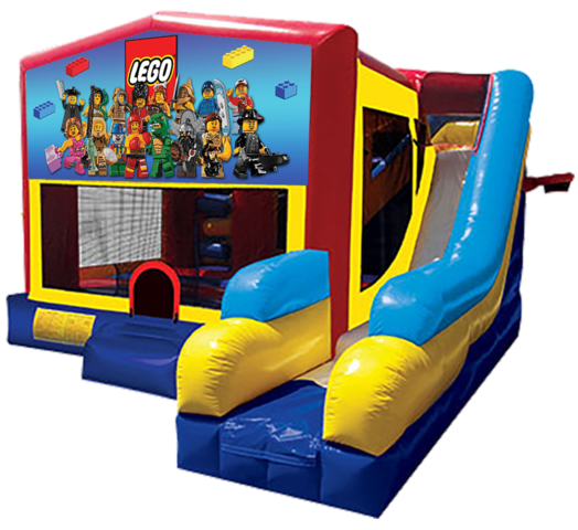 Lego themed bounce house with slide and obstacles, background removed.