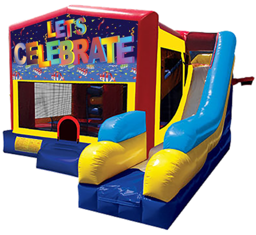 Lets Celebrate themed bounce house with slide and obstacles, background removed.