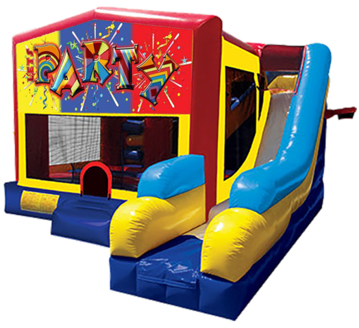 Lets Party themed bounce house with slide and obstacles, background removed.