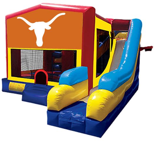 Longhorns themed bounce house with slide and obstacles, background removed.