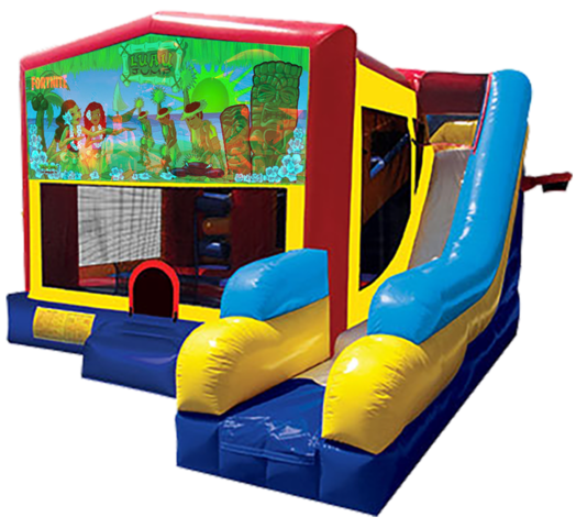 Luau themed bounce house with slide and obstacles, background removed.