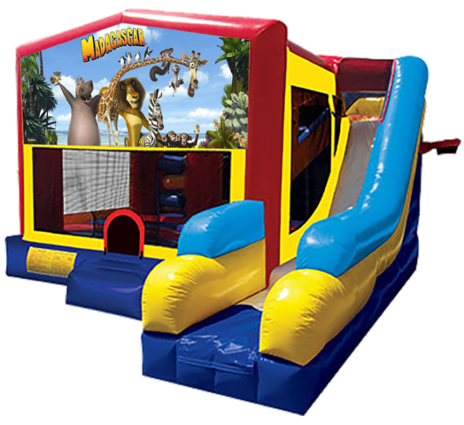 Madagascar themed bounce house with slide and obstacles, background removed.
