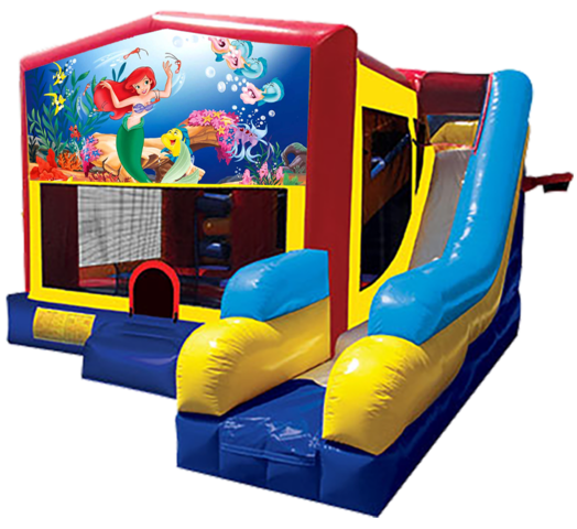 Mermaid themed bounce house with slide and obstacles, background removed.