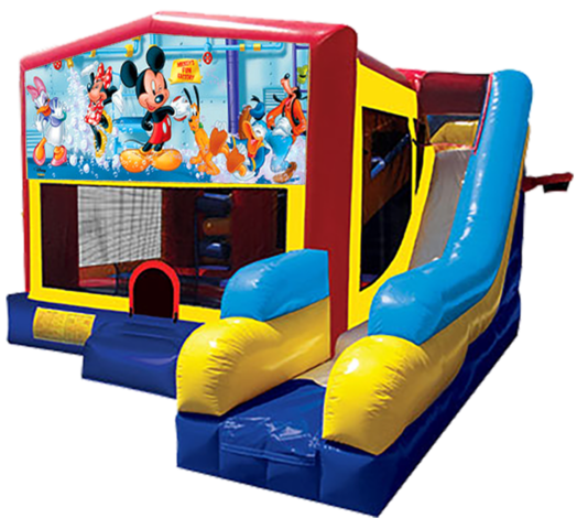 Mickey Mouse themed bounce house with slide and obstacles, background removed.
