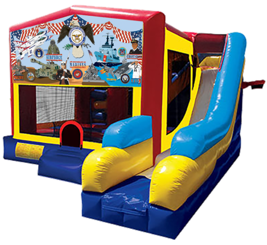 Military Pride themed bounce house with slide and obstacles, background removed.