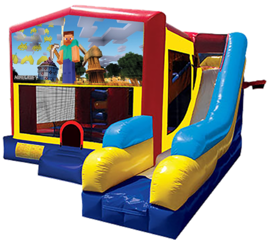 Minecraft themed bounce house with slide and obstacles, background removed.