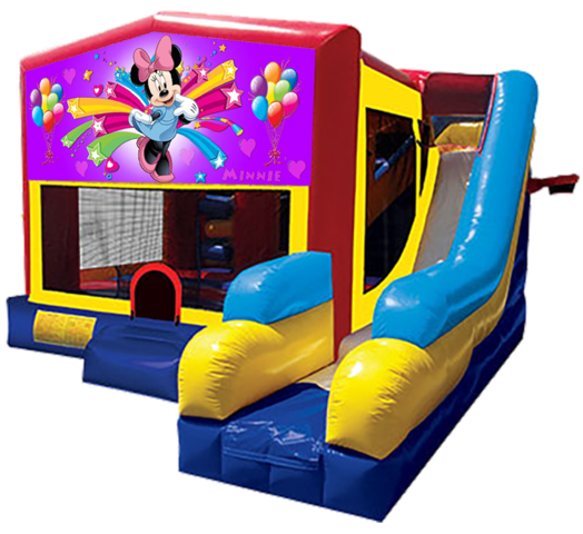 Minnie Mouse themed bounce house with slide and obstacles, background removed.