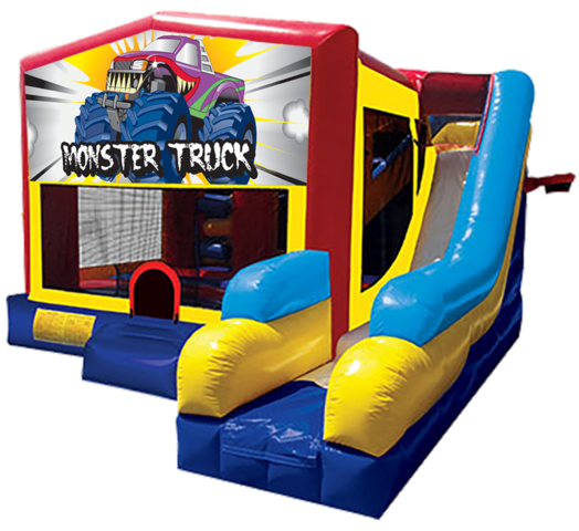 Monster Truck themed bounce house with slide and obstacles, background removed.