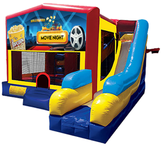 Movie Night themed bounce house with slide and obstacles, background removed.