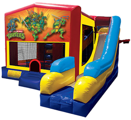 Ninja Turtles themed bounce house with slide and obstacles, background removed.