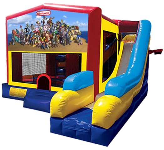 Nintendo themed bounce house with slide and obstacles, background removed.