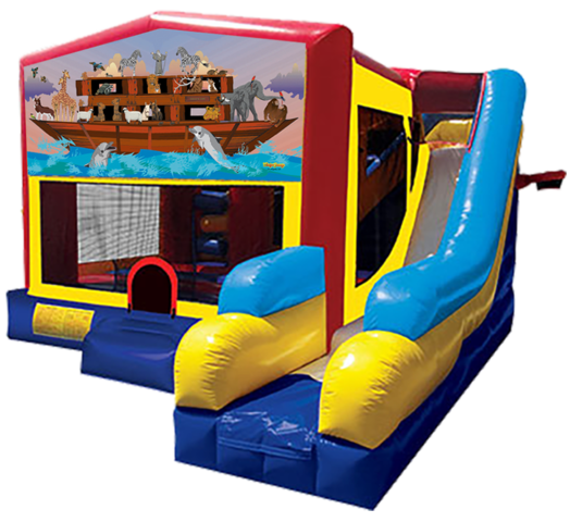 Noah's Ark themed bounce house with slide and obstacles, background removed.