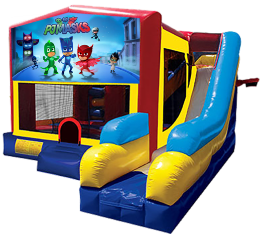 PJ Masks themed bounce house with slide and obstacles, background removed.